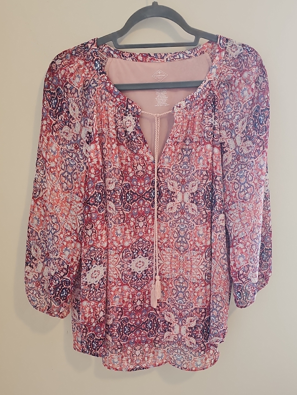 St. John's Bay Pink Multi-Color Printed Tie-Neck Tunic W/ Tassel. Sz Large